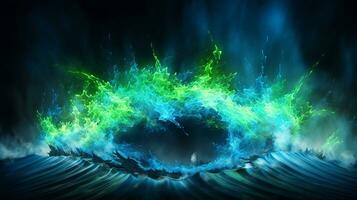 Explosion with cool blue wave pattern with green and black neon light. Generative AI photo