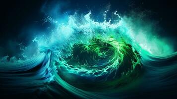 Explosion with cool blue wave pattern with green and black neon light. Generative AI photo