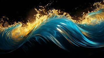 Explosion with cool blue wave pattern with golden and black neon light. Generative AI photo