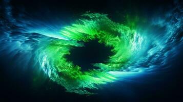 Explosion with cool blue wave pattern with green and black neon light. Generative AI photo