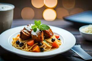 espaguetis con carne y vegetales en un lámina. generado por ai foto