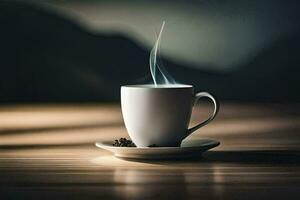 a cup of coffee on a table with a mountain in the background. AI-Generated photo