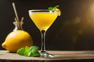 a cocktail with lemon and mint on a wooden table. AI-Generated photo