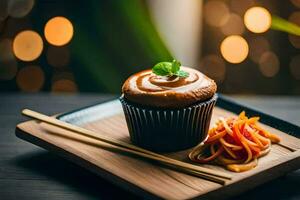a cupcake with carrots and a chopstick on a wooden tray. AI-Generated photo