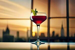 un vaso de rojo vino en un mesa en frente de un ciudad horizonte. generado por ai foto