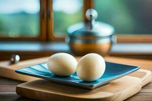 two eggs on a blue plate on a wooden table. AI-Generated photo