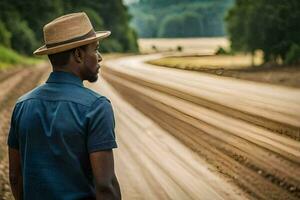 un hombre en un sombrero en pie en un suciedad la carretera. generado por ai foto