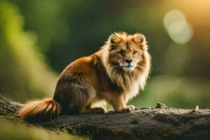 a lion sitting on a log in the woods. AI-Generated photo