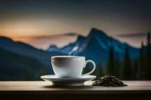 coffee, mountains, sunrise, coffee, mountains, sunrise, coffee, mountains, sunrise,. AI-Generated photo