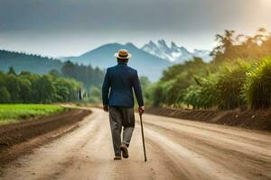 un hombre en un traje y sombrero caminando abajo un suciedad la carretera. generado por ai foto