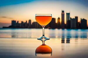 glass of wine on the beach with city skyline in the background. AI-Generated photo