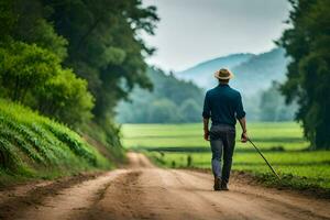 a man walking down a dirt road with a stick. AI-Generated photo