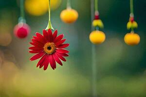 a red flower hangs from a string. AI-Generated photo