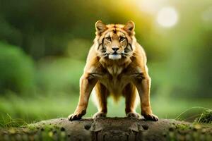 un león en pie en parte superior de un rock en el medio de un campo. generado por ai foto