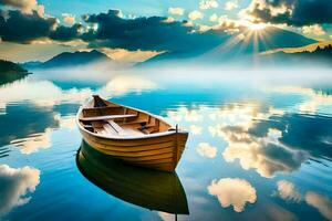 the boat is floating on the calm lake. AI-Generated photo