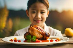 un joven niña sonrisas mientras participación un plato de alimento. generado por ai foto