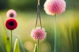 a flower hanging from a string in a field. AI-Generated photo