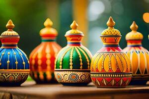 colorful vases on a wooden table. AI-Generated photo