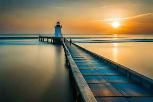 a lighthouse at sunset on a pier. AI-Generated photo