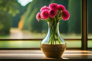un florero con rosado flores sentado en un ventana umbral. generado por ai foto