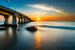 the sun sets over a bridge over the ocean. AI-Generated photo