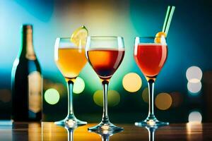 three glasses of different colored drinks sit on a table. AI-Generated photo