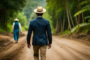 a man in a suit and hat walking down a dirt road. AI-Generated photo