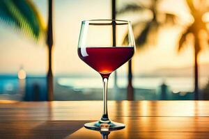 a glass of red wine on a table in front of the sunset. AI-Generated photo