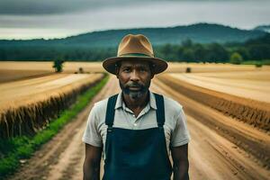 un hombre en un sombrero en pie en un campo. generado por ai foto