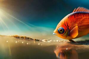 a fish is standing on the water with the sun shining. AI-Generated photo