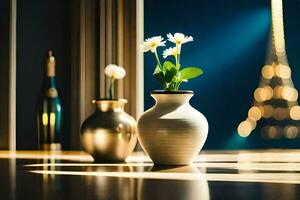 two vases with flowers on a table in front of a window. AI-Generated photo