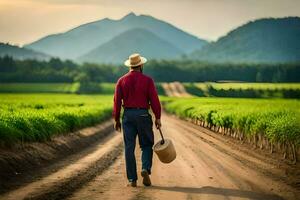 a man walking down a dirt road with a bucket and hat. AI-Generated photo