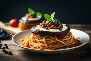 spaghetti with mushrooms and cheese on a plate. AI-Generated photo