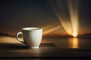 un taza de café en un de madera mesa con un puesta de sol en el antecedentes. generado por ai foto