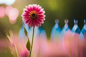 a pink flower is in the middle of a field. AI-Generated photo