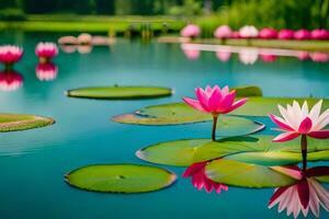 pink lotus flowers in a pond with green leaves. AI-Generated photo