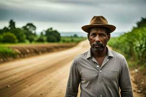 a man in a hat standing on a dirt road. AI-Generated photo