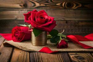 red roses in a tin vase on a wooden table. AI-Generated photo