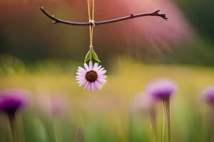 a flower hanging from a branch in a field. AI-Generated photo