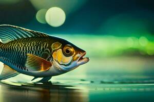 un pescado es en pie en el agua con un borroso antecedentes. generado por ai foto