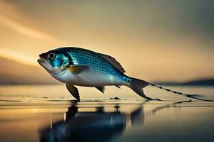 un pescado es caminando en el playa a puesta de sol. generado por ai foto