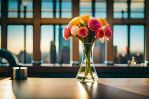 a vase of flowers on a table in front of a window. AI-Generated photo