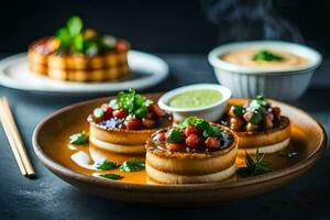 Tres pequeño pasteles con salsa en a ellos. generado por ai foto