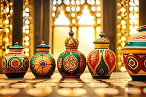 colorful vases on a table in front of a window. AI-Generated photo