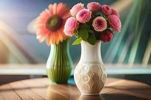 two vases with pink flowers on a table. AI-Generated photo