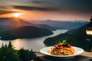 a plate of pasta with a view of the mountains. AI-Generated photo