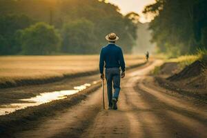 a man walking down a dirt road with a cane. AI-Generated photo