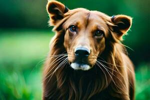 a brown dog with long ears standing in the grass. AI-Generated photo