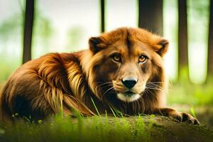 a lion is sitting in the grass in the forest. AI-Generated photo