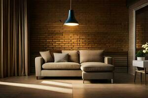 a modern living room with a brick wall. AI-Generated photo